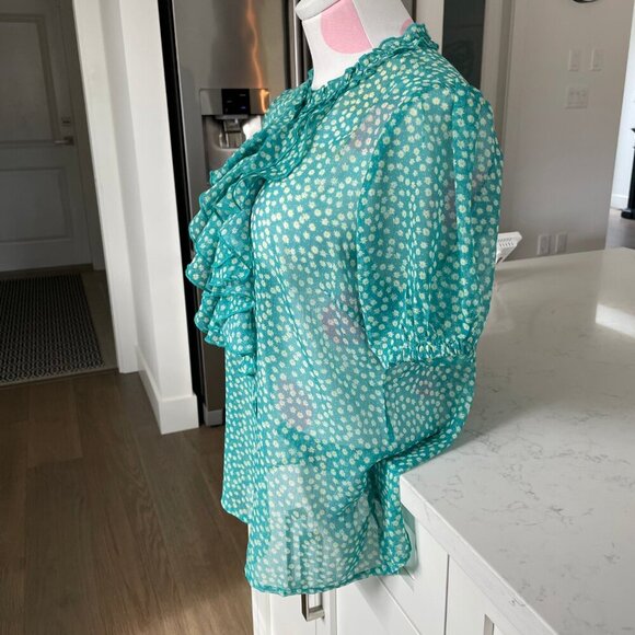 Cream CRKinia SS Puff Floral Button Down Blouse w Front Frill Green & Yel Sz 36 - Picture 3 of 13